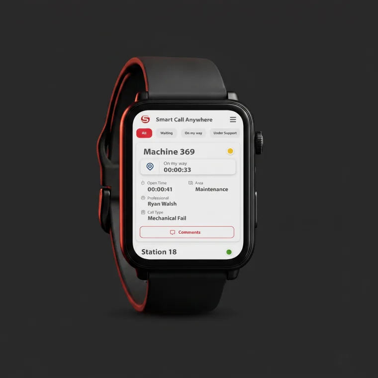 Smart Call L5 smartwatch and Smart Call Anywhere app acknowledging a call